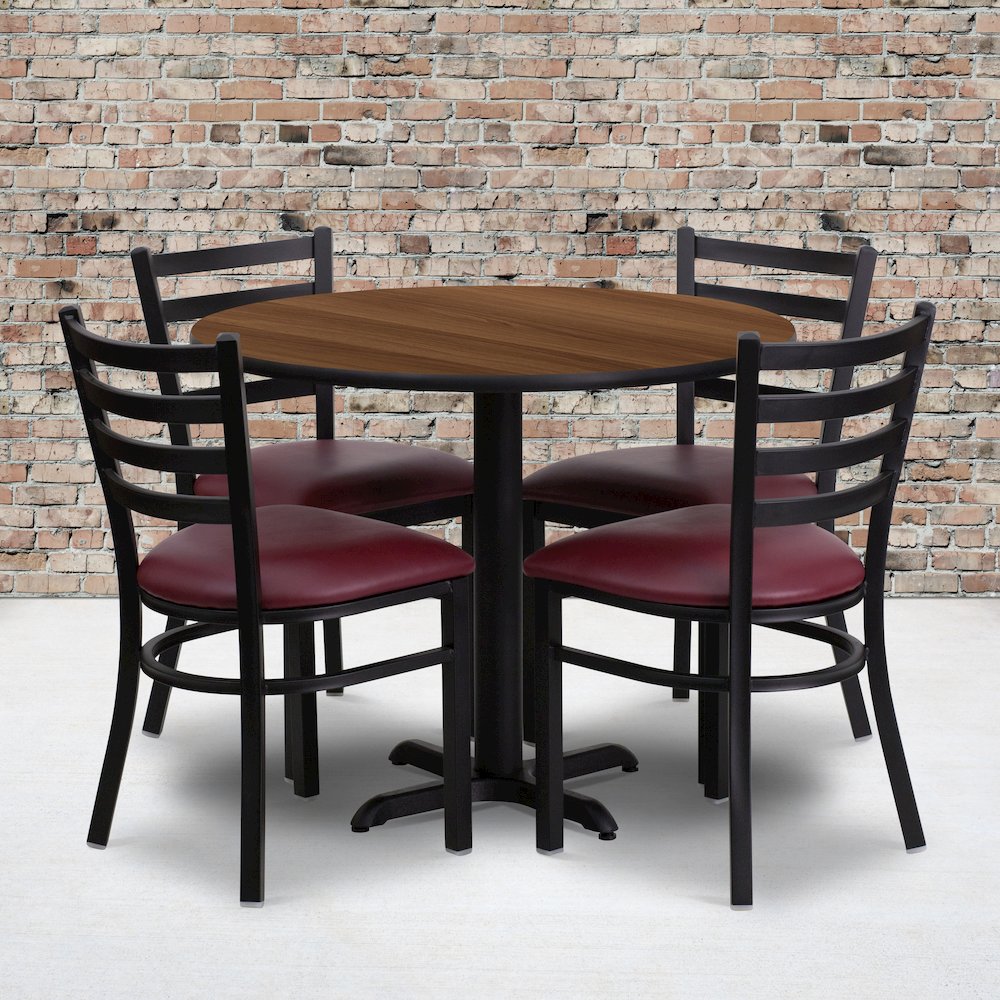 36” Walnut Table Set with X-Base and 4 Metal Chairs – Burgundy Vinyl Seat