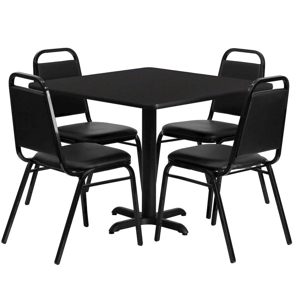 36” Black Table Set with X-Base and 4 Black Trapezoidal Back Banquet Chairs
