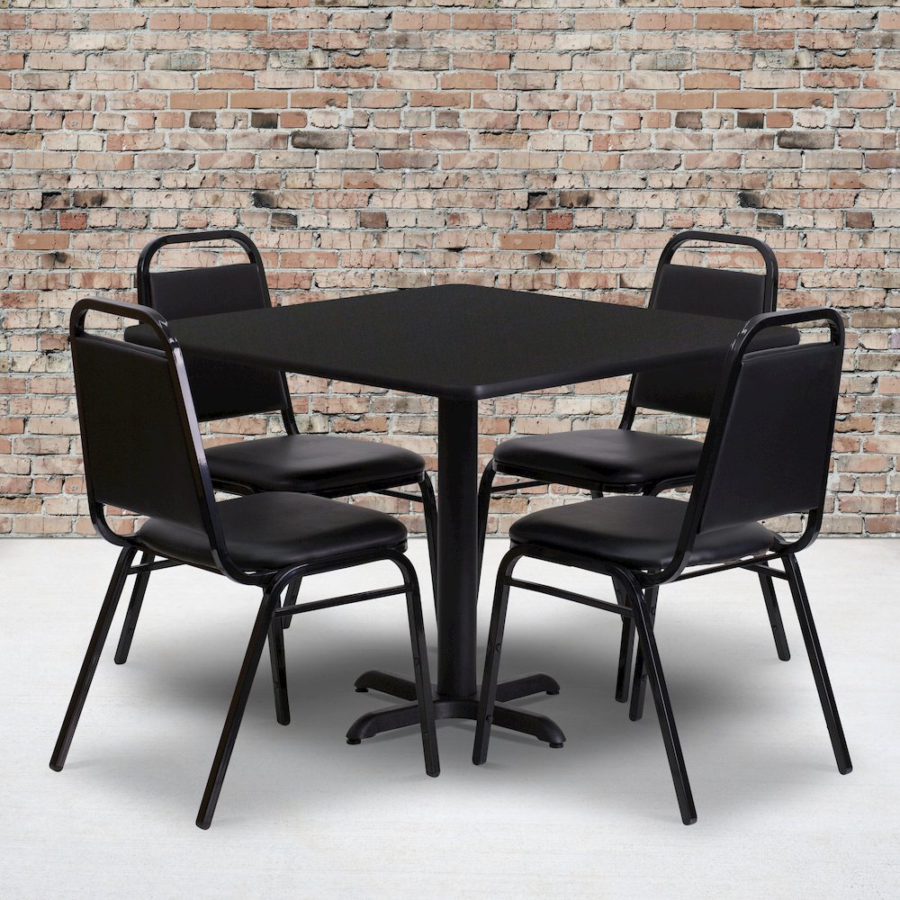 36” Black Table Set with X-Base and 4 Black Trapezoidal Back Banquet Chairs