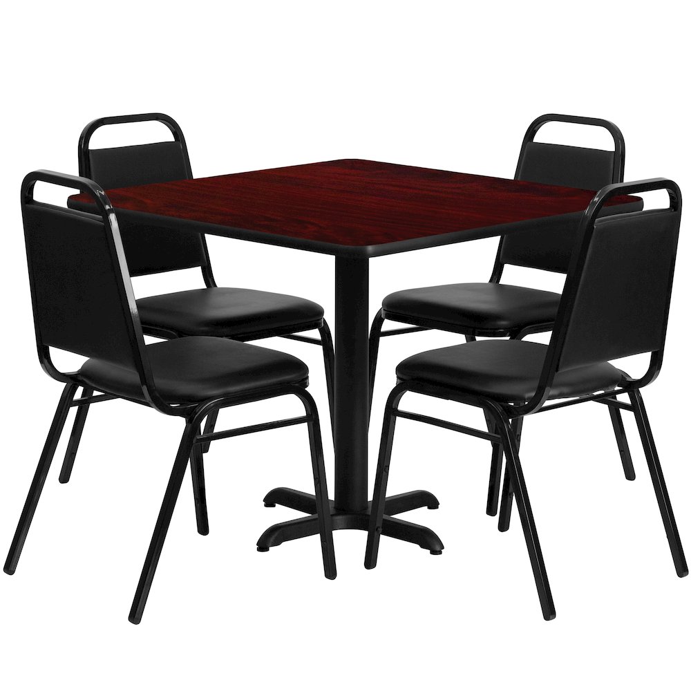 36” Mahogany Table Set with X-Base and 4 Black Trapezoidal Back Banquet Chairs