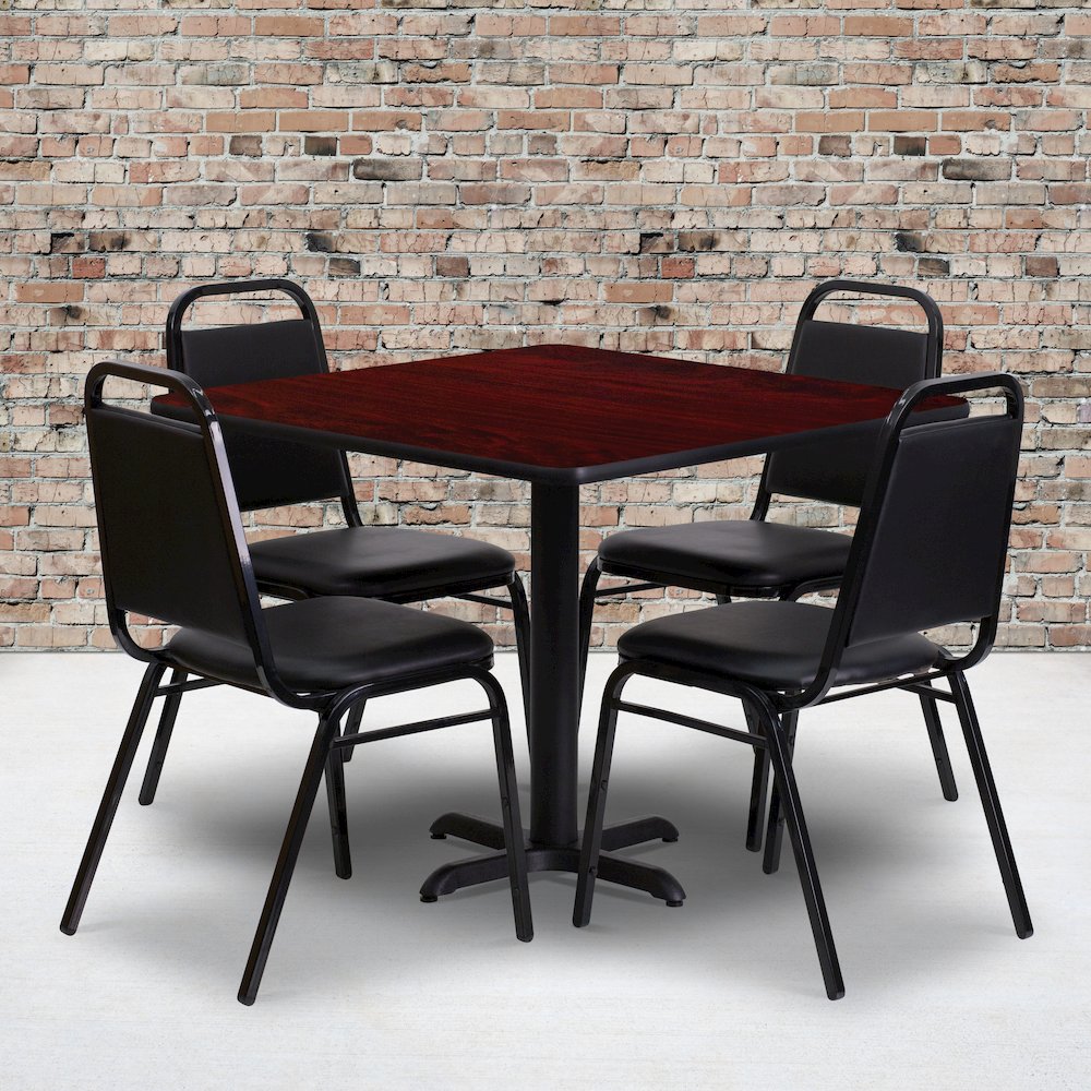 36” Mahogany Table Set with X-Base and 4 Black Trapezoidal Back Banquet Chairs
