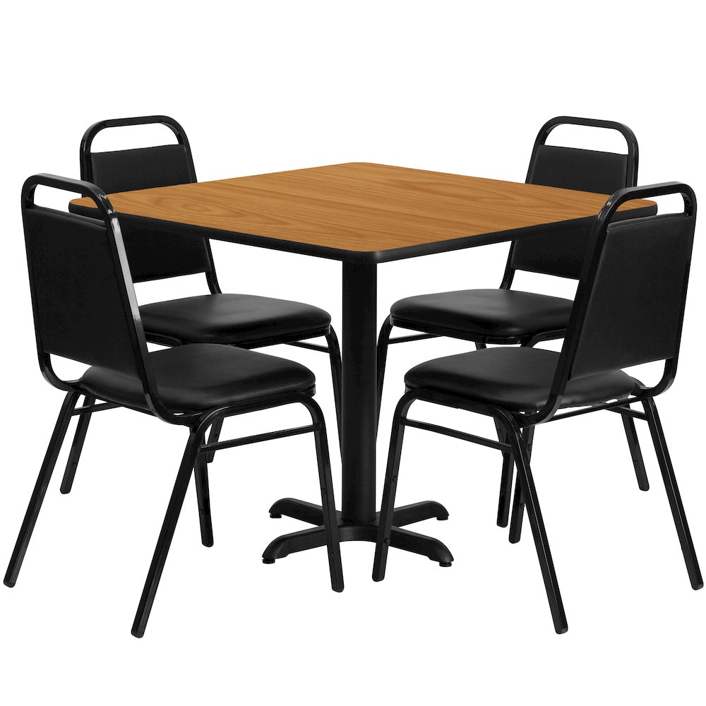 36” Natural Table Set with X-Base and 4 Black Trapezoidal Back Banquet Chairs