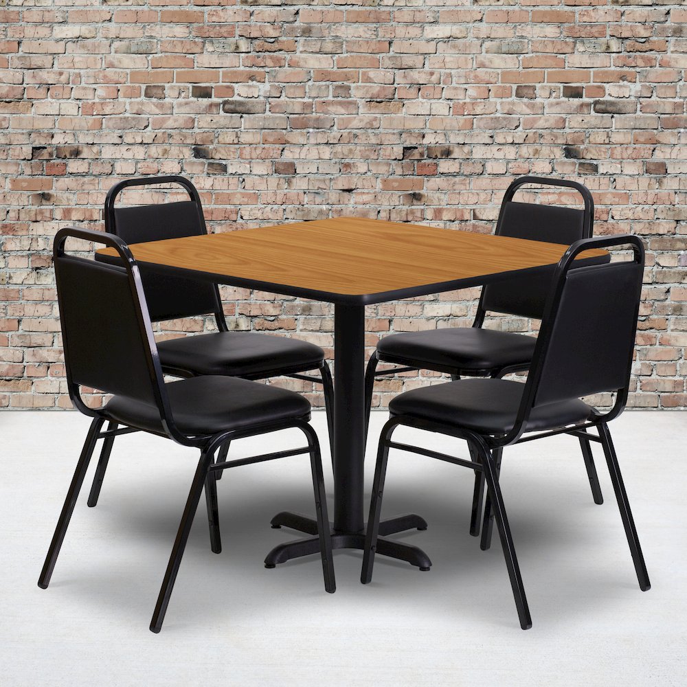 36” Natural Table Set with X-Base and 4 Black Trapezoidal Back Banquet Chairs