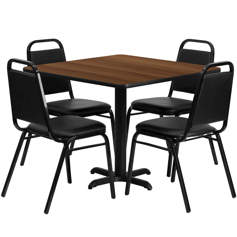 36” Walnut Table Set with X-Base and 4 Black Trapezoidal Back Banquet Chairs