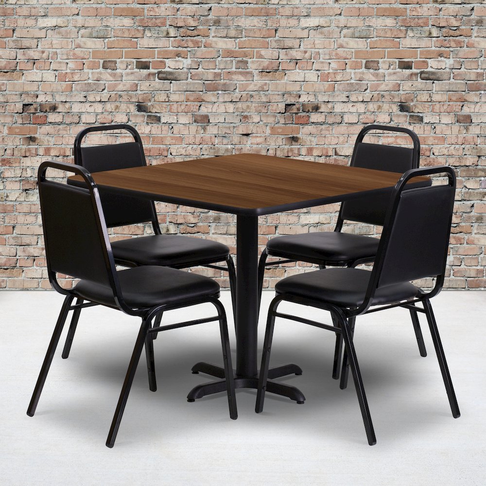 36” Walnut Table Set with X-Base and 4 Black Trapezoidal Back Banquet Chairs