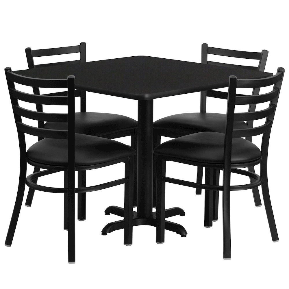 36” Black Table Set with X-Base and 4 Metal Chairs – Black Vinyl Seat
