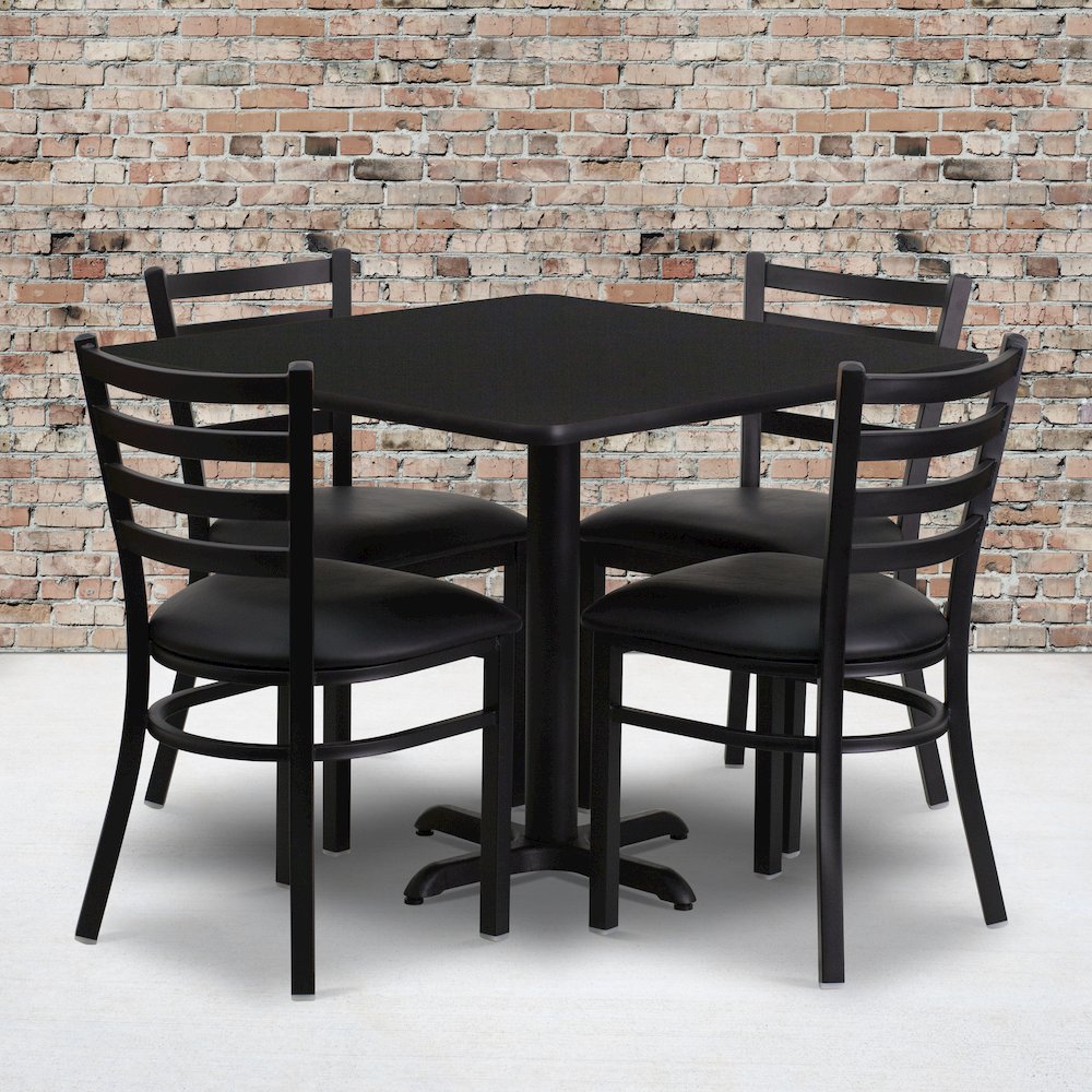 36” Black Table Set with X-Base and 4 Metal Chairs – Black Vinyl Seat