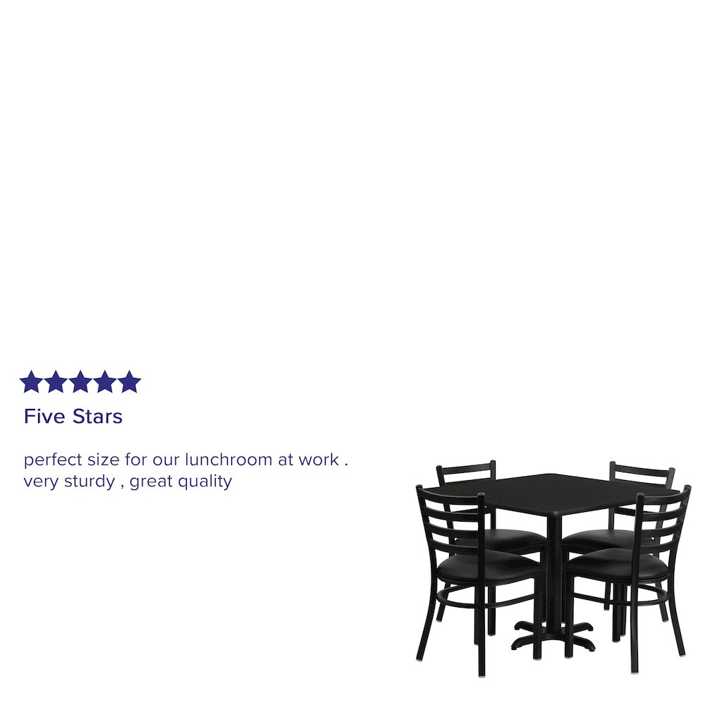 36” Black Table Set with X-Base and 4 Metal Chairs – Black Vinyl Seat