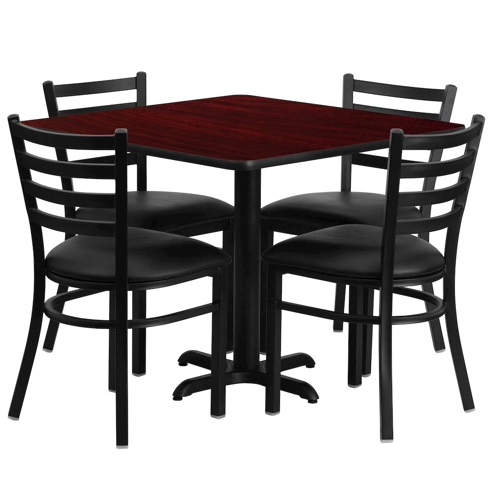 36” Mahogany Table Set with X-Base and 4 Metal Chairs – Black Vinyl Seat