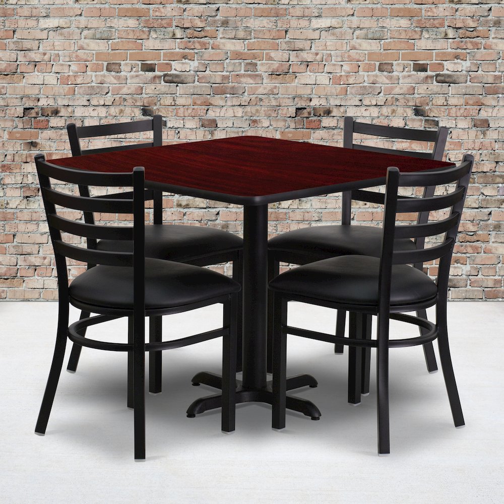 36” Mahogany Table Set with X-Base and 4 Metal Chairs – Black Vinyl Seat