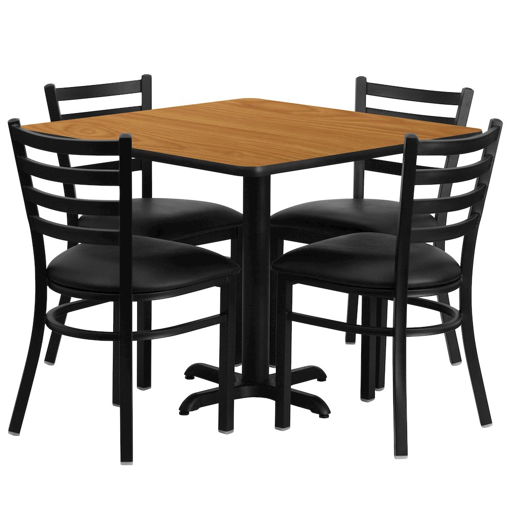 36” Natural Table Set with X-Base and 4 Metal Chairs – Black Vinyl Seat