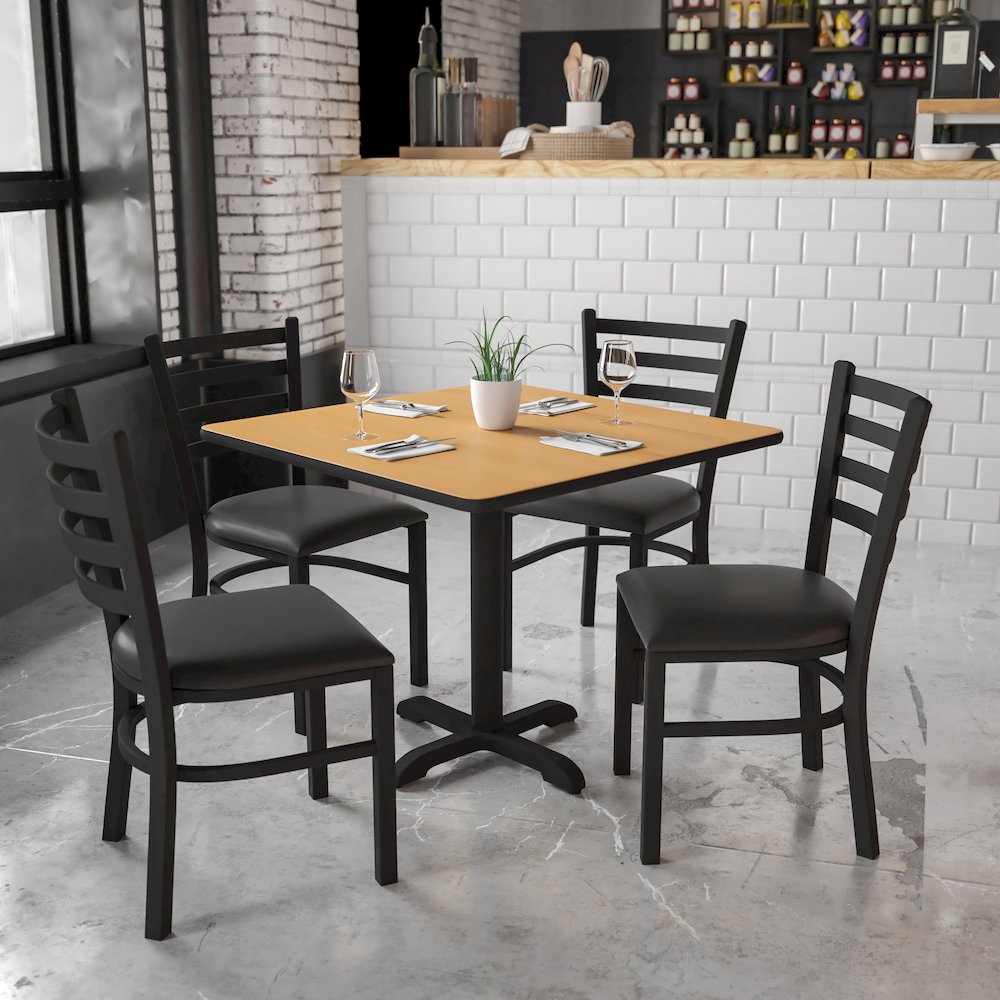 36” Natural Table Set with X-Base and 4 Metal Chairs – Black Vinyl Seat