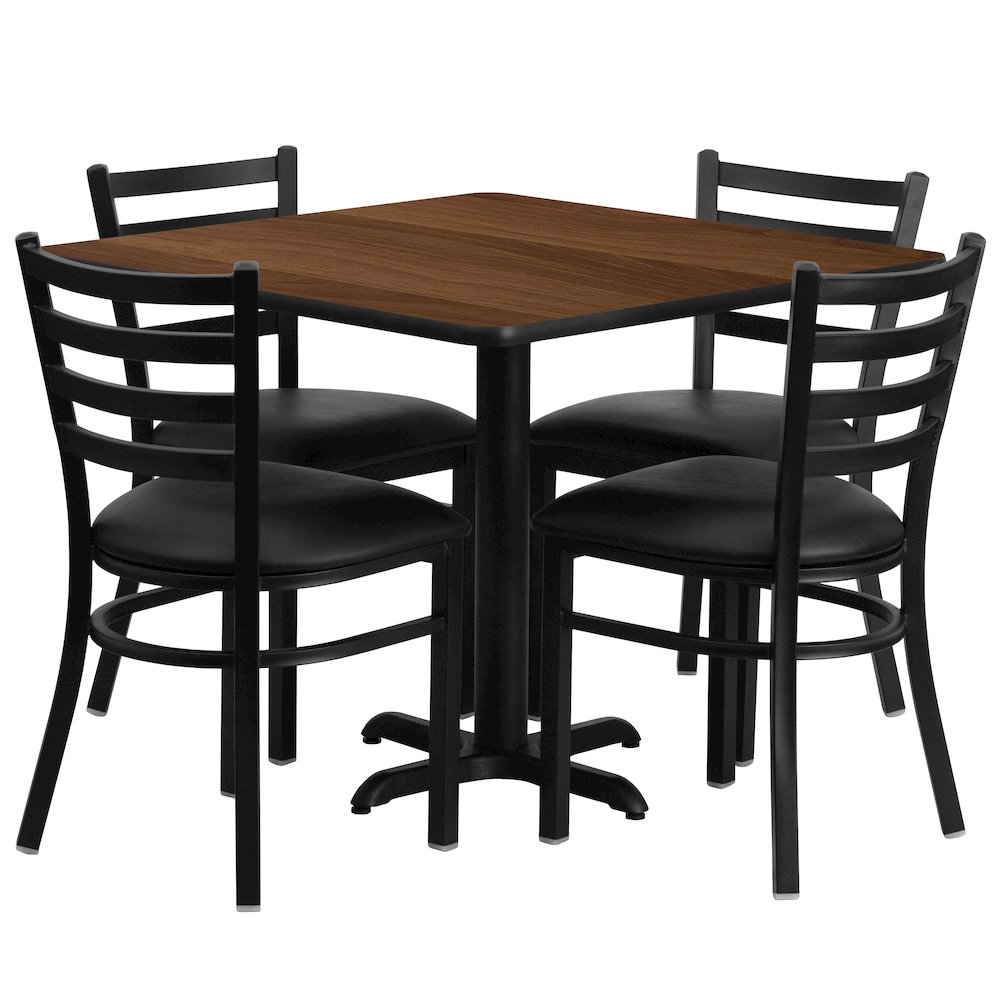 36” Walnut Table Set with X-Base and 4 Metal Chairs – Black Vinyl Seat