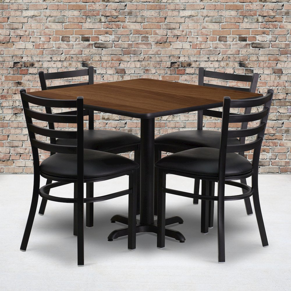 36” Walnut Table Set with X-Base and 4 Metal Chairs – Black Vinyl Seat