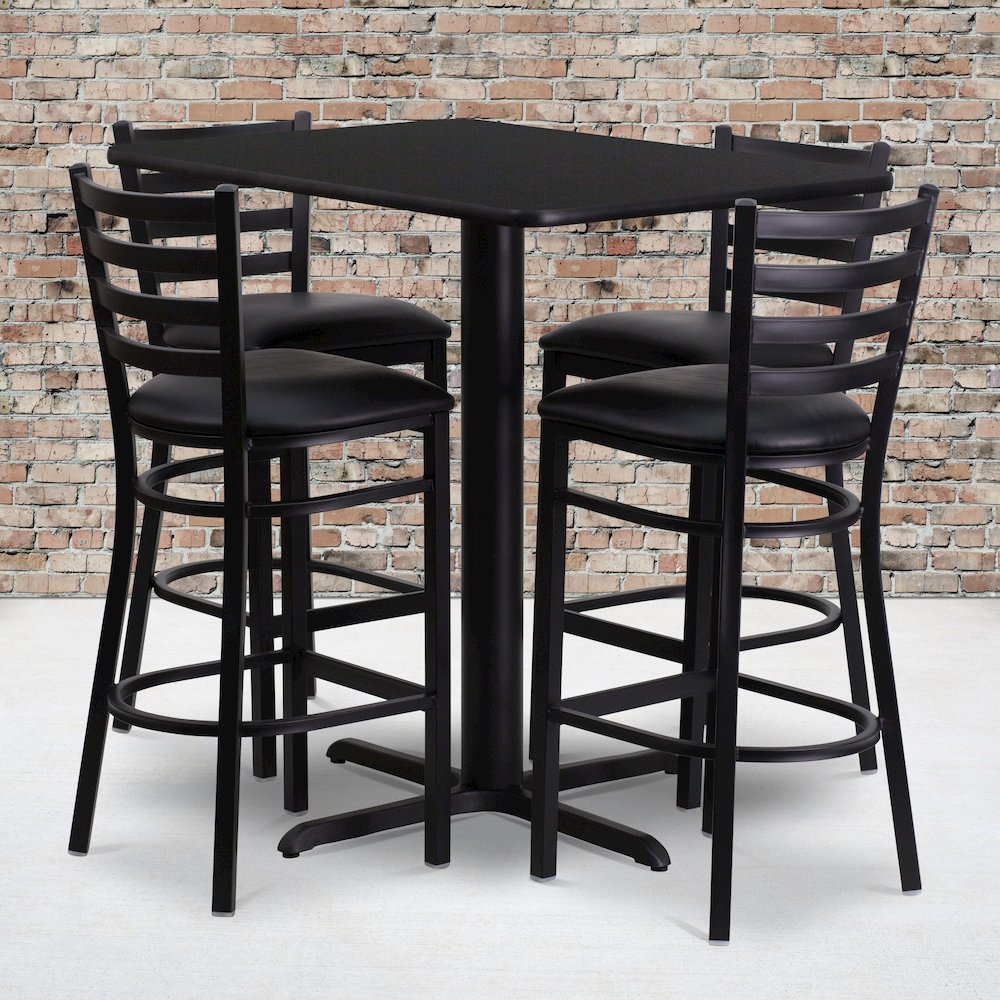 24”W x 42”L Black Table Set with 4 Metal Barstools – Black Vinyl Seat