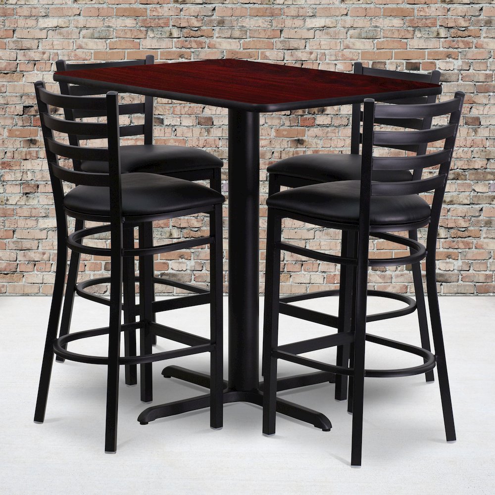 24”W x 42”L Mahogany Table Set with 4 Metal Barstools – Black Vinyl Seat