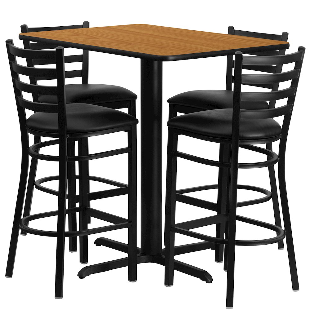 24”W x 42”L Natural Table Set with 4 Metal Barstools – Black Vinyl Seat