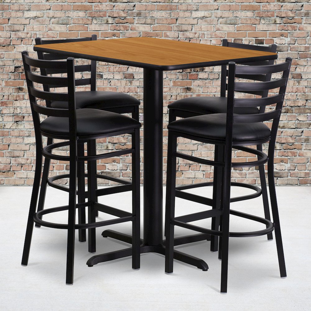 24”W x 42”L Natural Table Set with 4 Metal Barstools – Black Vinyl Seat