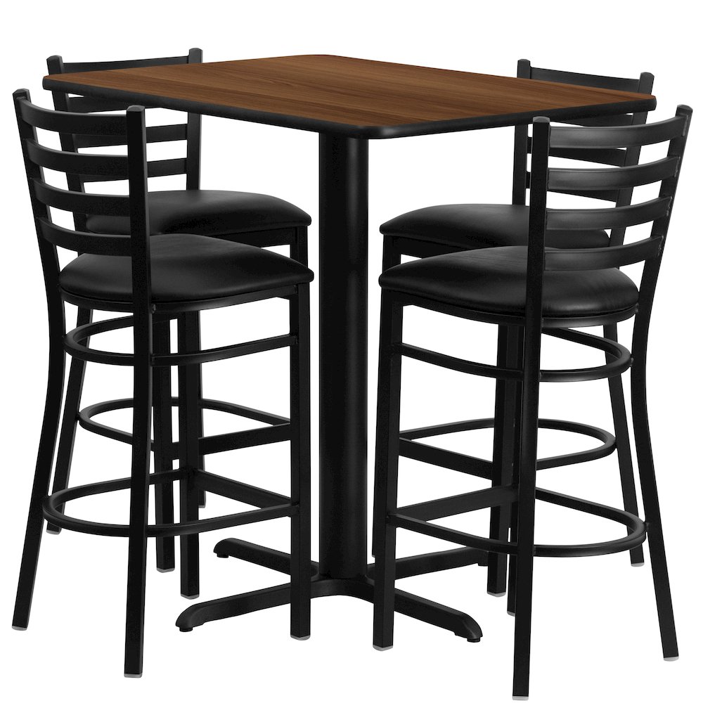 24”W x 42”L Walnut Table Set with 4 Metal Barstools – Black Vinyl Seat