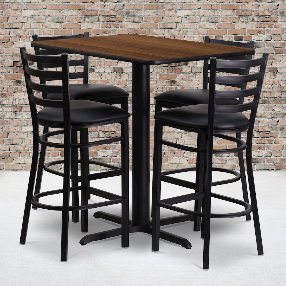 24”W x 42”L Walnut Table Set with 4 Metal Barstools – Black Vinyl Seat