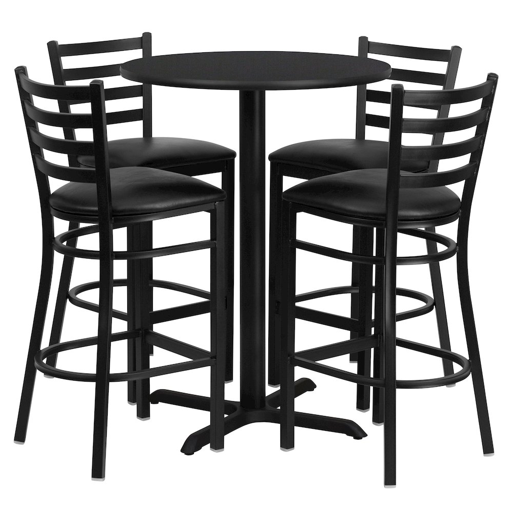 30” Black Table Set with X-Base and 4 Metal Barstools – Black Vinyl Seat