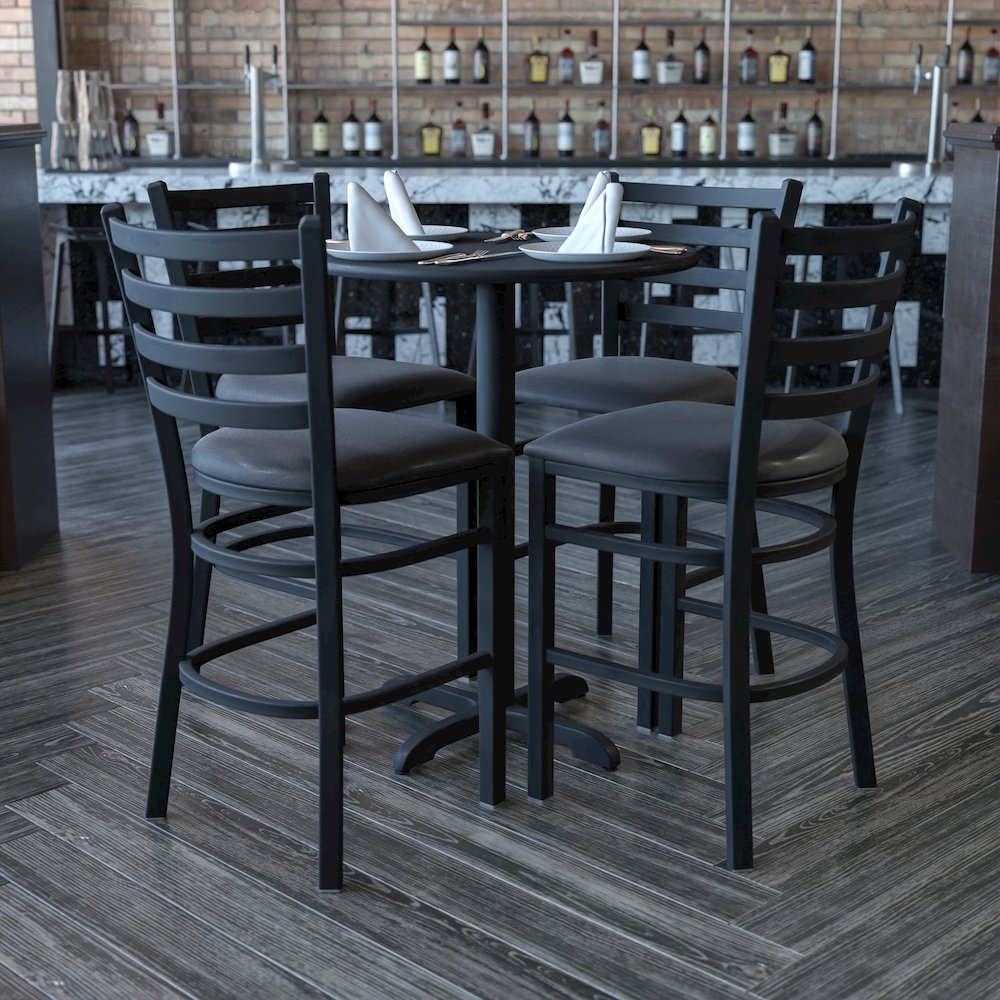 30” Black Table Set with X-Base and 4 Metal Barstools – Black Vinyl Seat