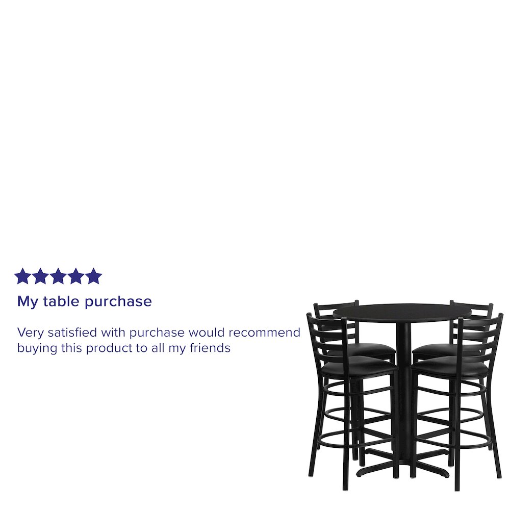 30” Black Table Set with X-Base and 4 Metal Barstools – Black Vinyl Seat