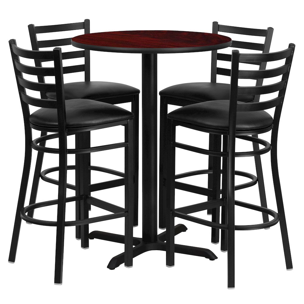30” Mahogany Table Set with X-Base and 4 Metal Barstools – Black Vinyl Seat