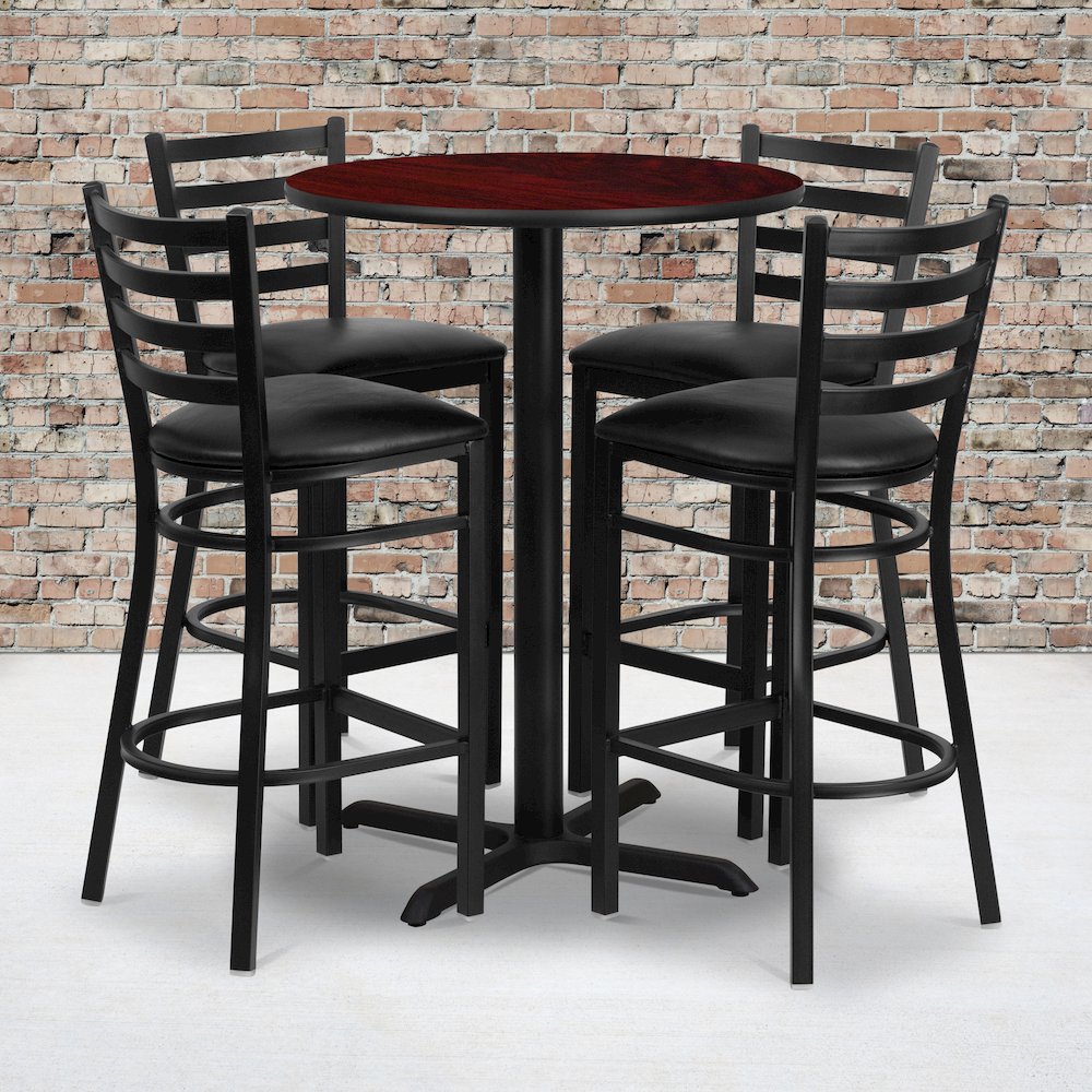 30” Mahogany Table Set with X-Base and 4 Metal Barstools – Black Vinyl Seat