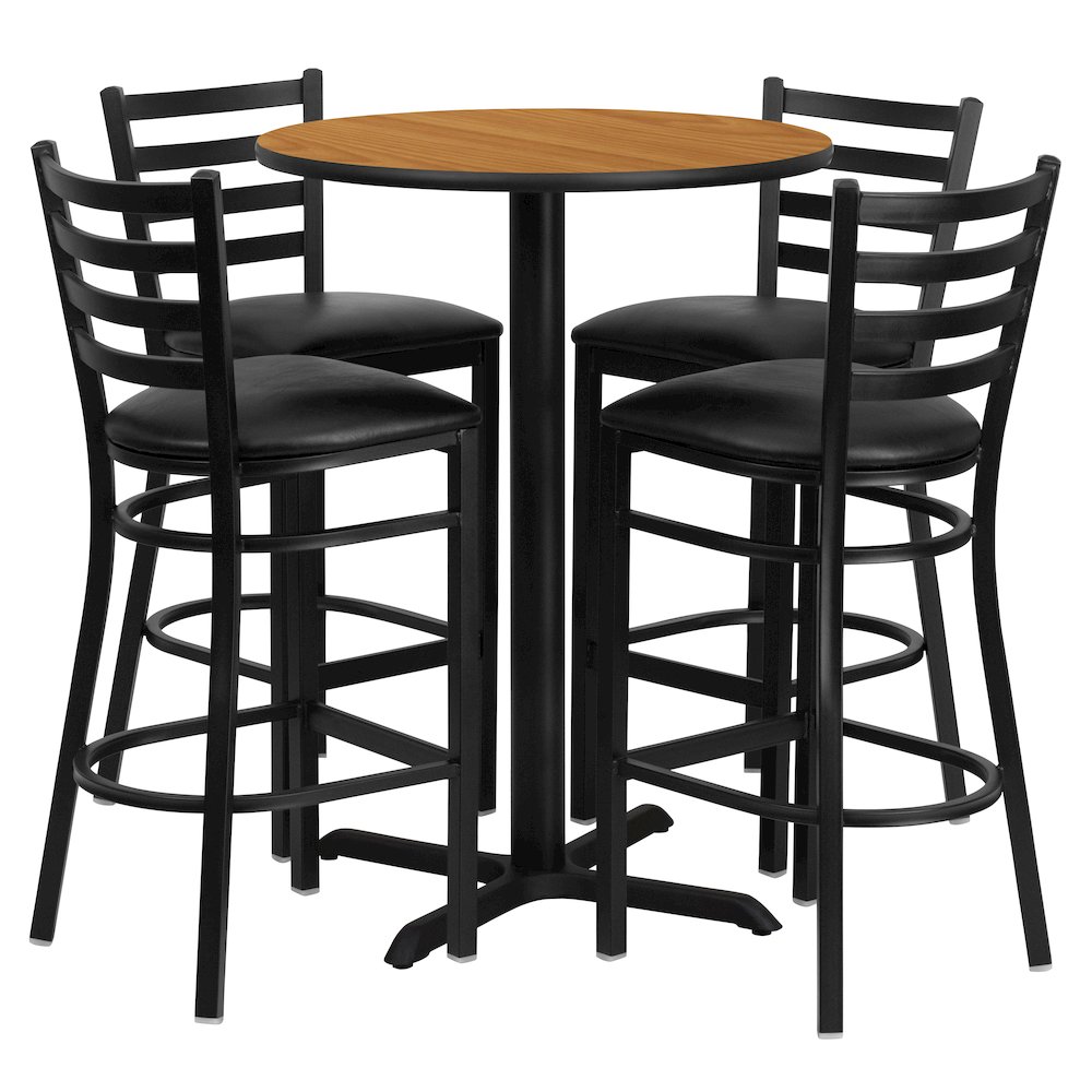 30” Natural Table Set with X-Base and 4 Metal Barstools – Black Vinyl Seat