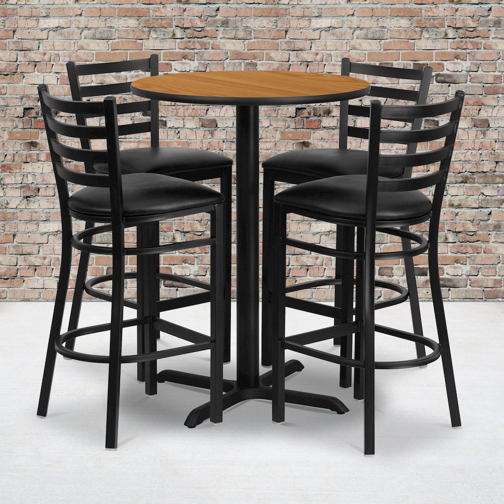 30” Natural Table Set with X-Base and 4 Metal Barstools – Black Vinyl Seat