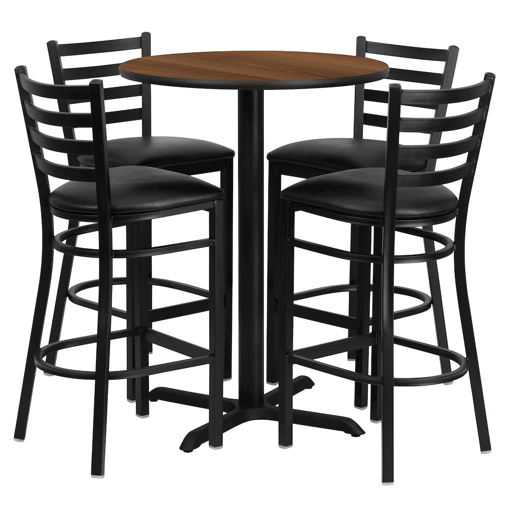 30” Walnut Table Set with X-Base and 4 Metal Barstools – Black Vinyl Seat