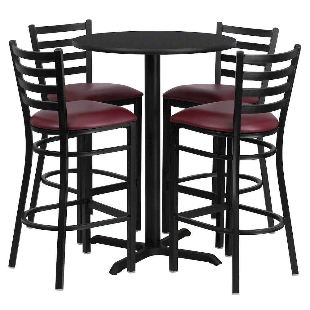 30” Black Table Set with X-Base and 4 Metal Barstools – Burgundy Vinyl Seat