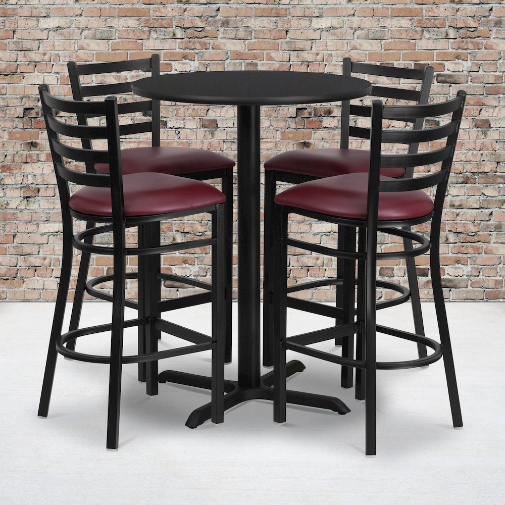 30” Black Table Set with X-Base and 4 Metal Barstools – Burgundy Vinyl Seat