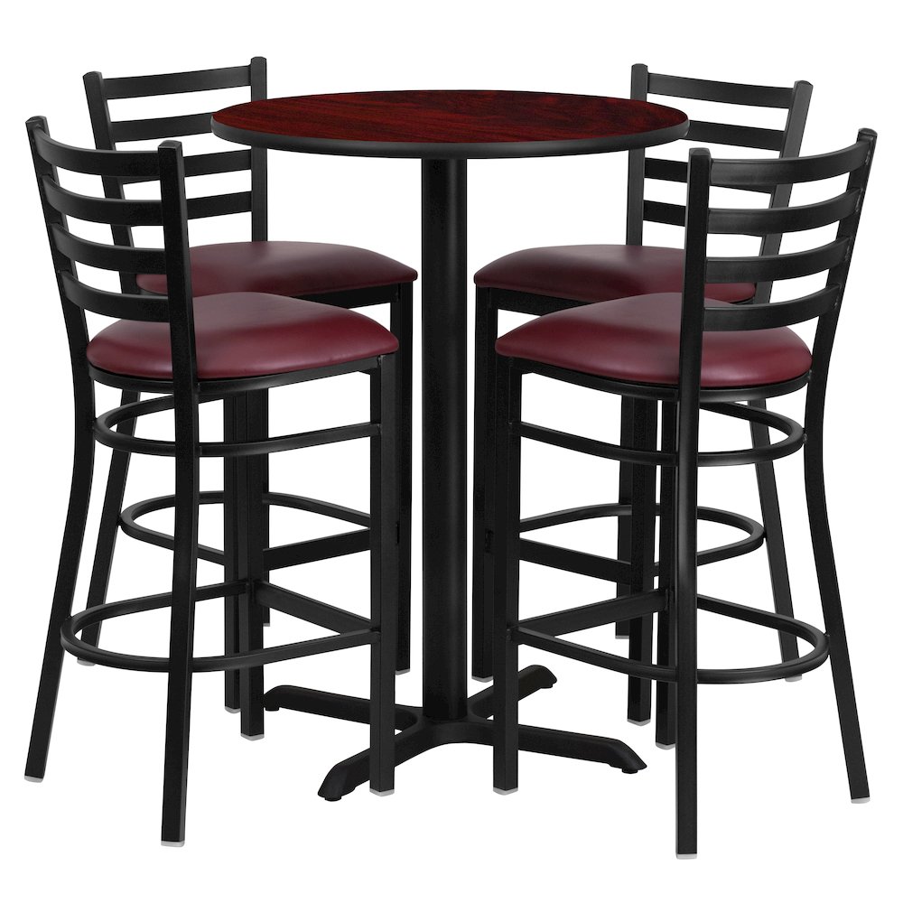 30” Mahogany Table Set with X-Base and 4 Metal Barstools – Burgundy Vinyl Seat