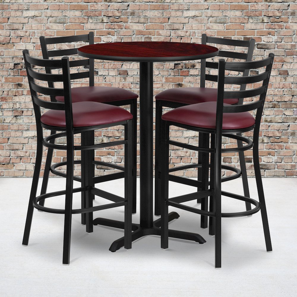 30” Mahogany Table Set with X-Base and 4 Metal Barstools – Burgundy Vinyl Seat