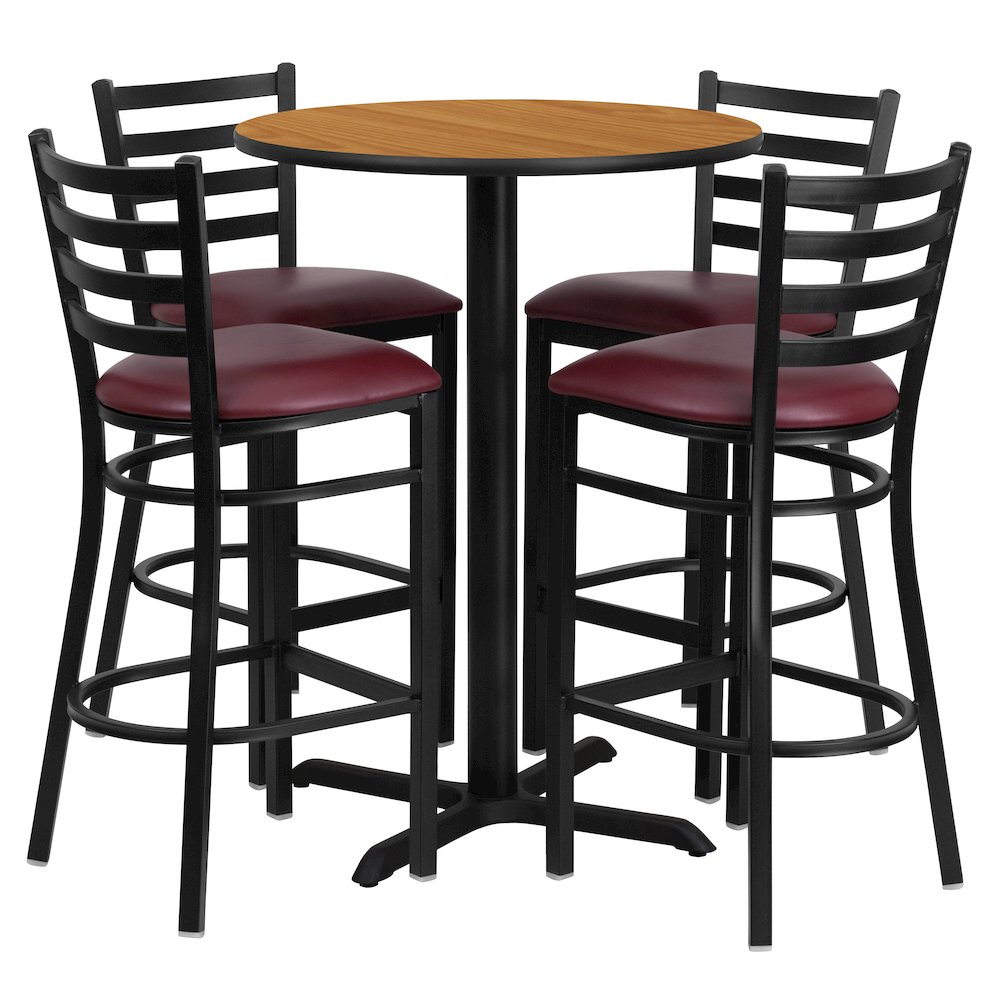 30” Natural Table Set with X-Base and 4 Metal Barstools – Burgundy Vinyl Seat