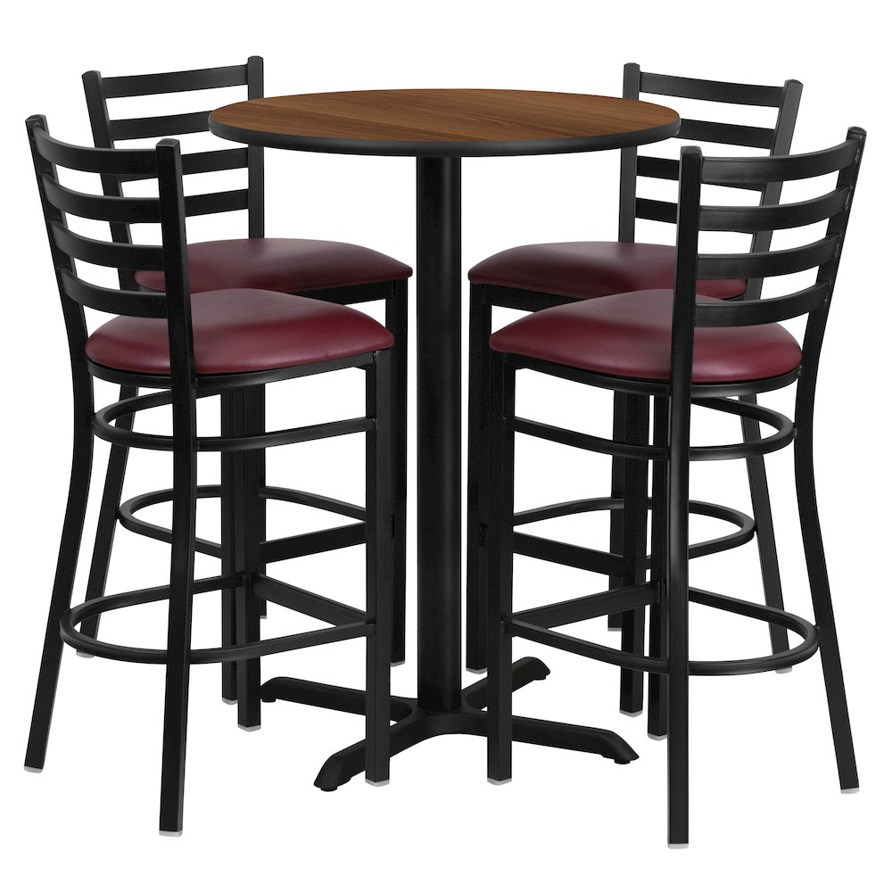 30” Walnut Table Set with X-Base and 4 Metal Barstools – Burgundy Vinyl Seat