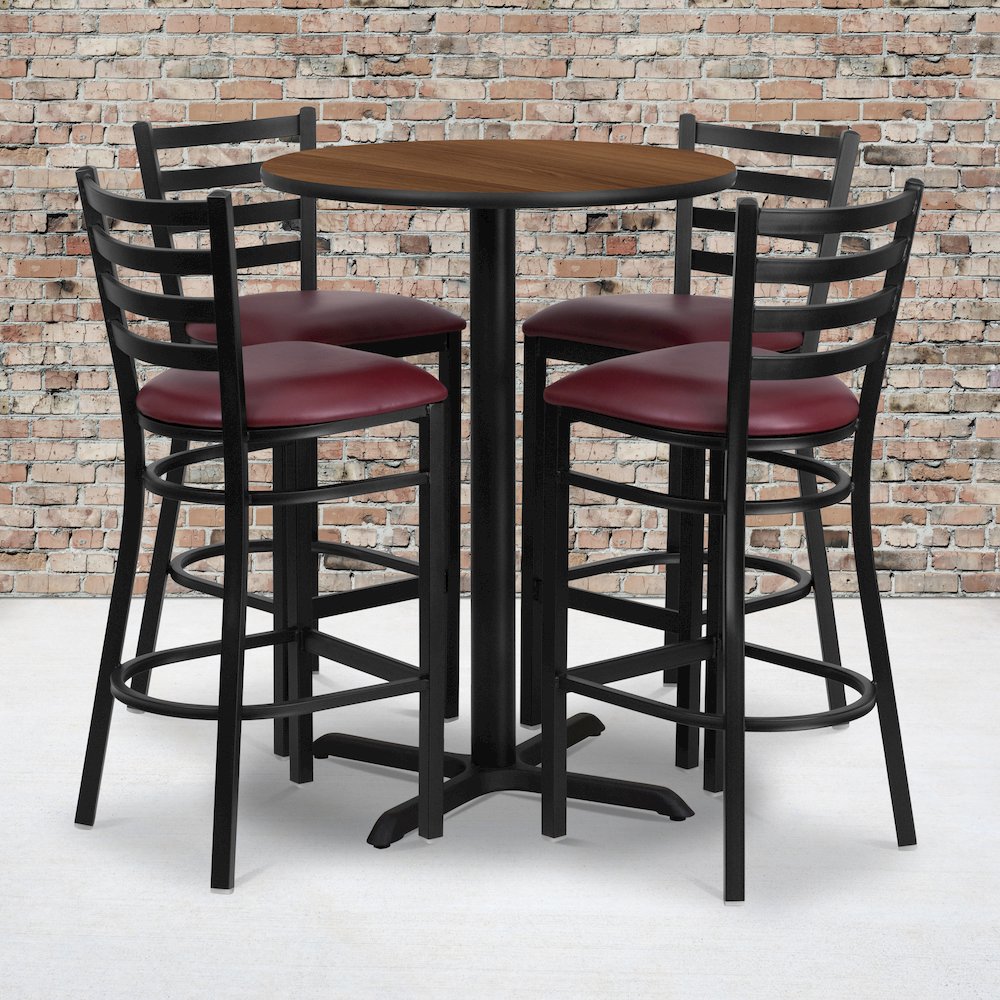 30” Walnut Table Set with X-Base and 4 Metal Barstools – Burgundy Vinyl Seat