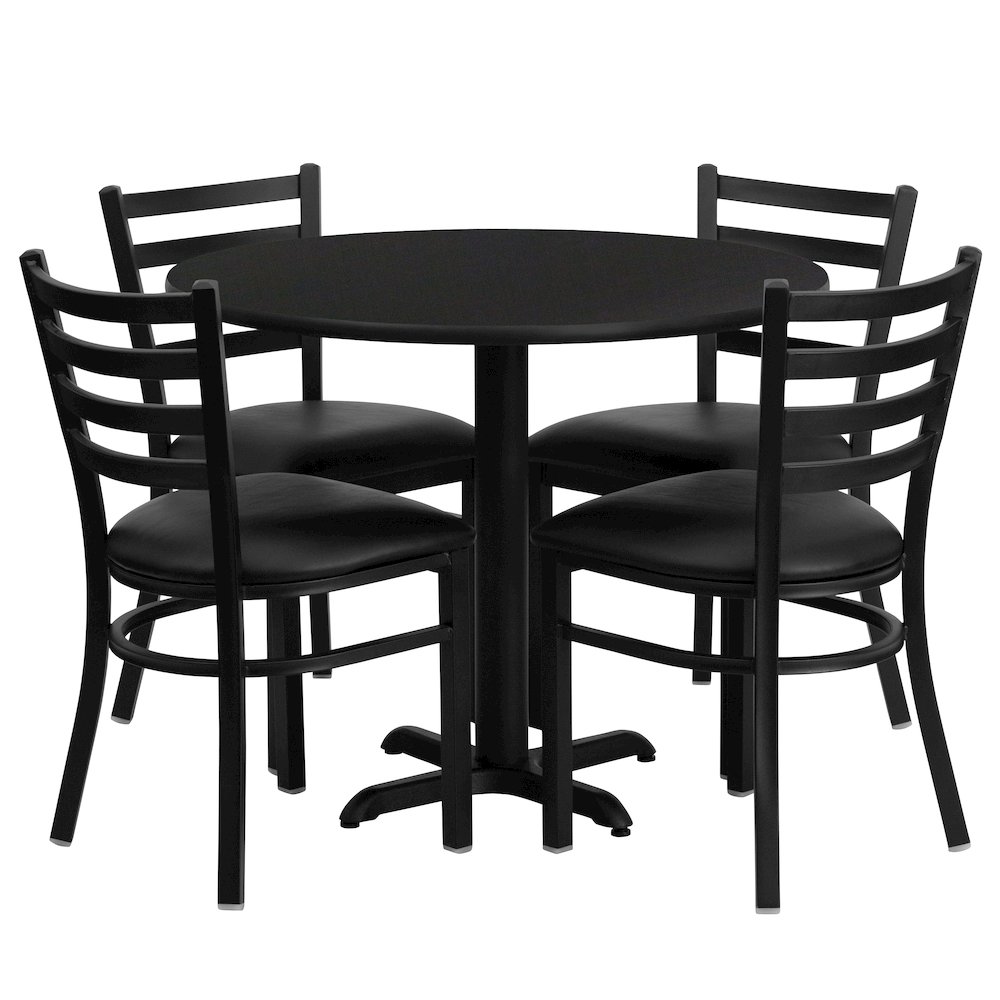 36” Black Table Set with X-Base and 4 Metal Chairs – Black Vinyl Seat