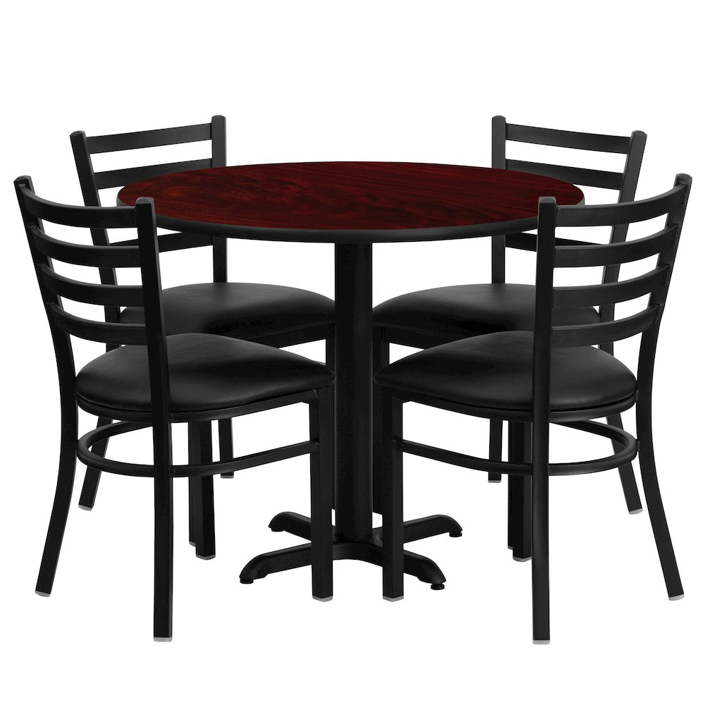 36” Mahogany Table Set with X-Base and 4 Metal Chairs – Black Vinyl Seat