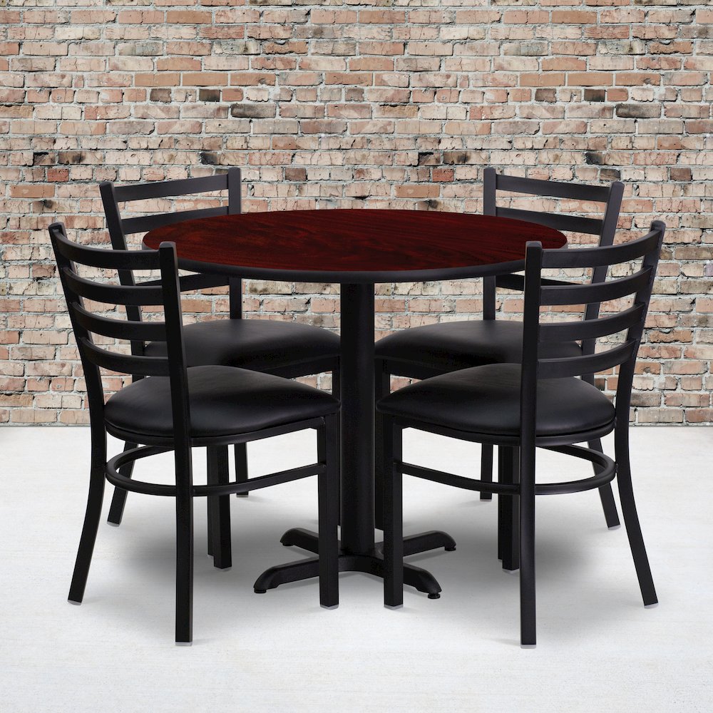 36” Mahogany Table Set with X-Base and 4 Metal Chairs – Black Vinyl Seat