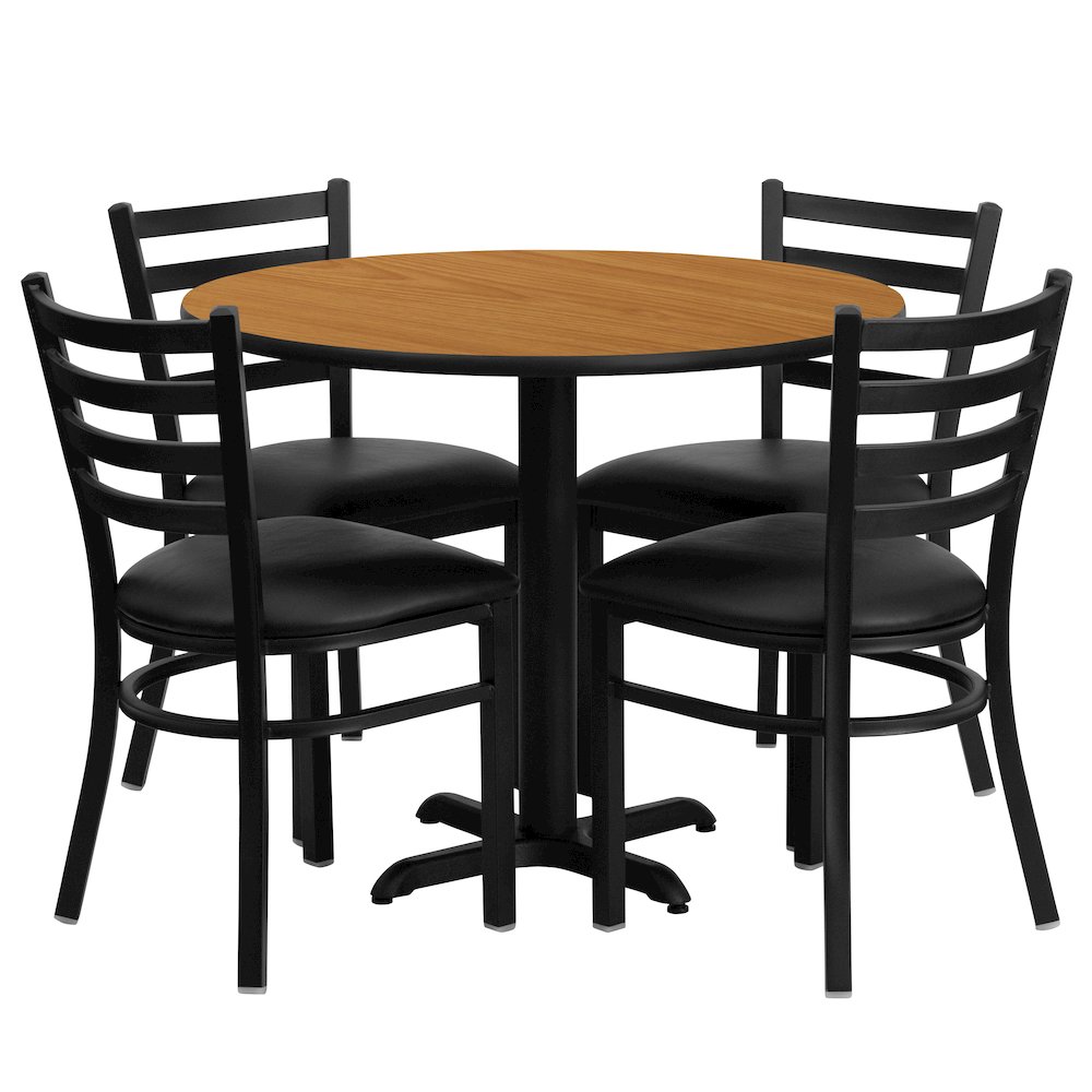36” Natural Table Set with X-Base and 4 Metal Chairs – Black Vinyl Seat