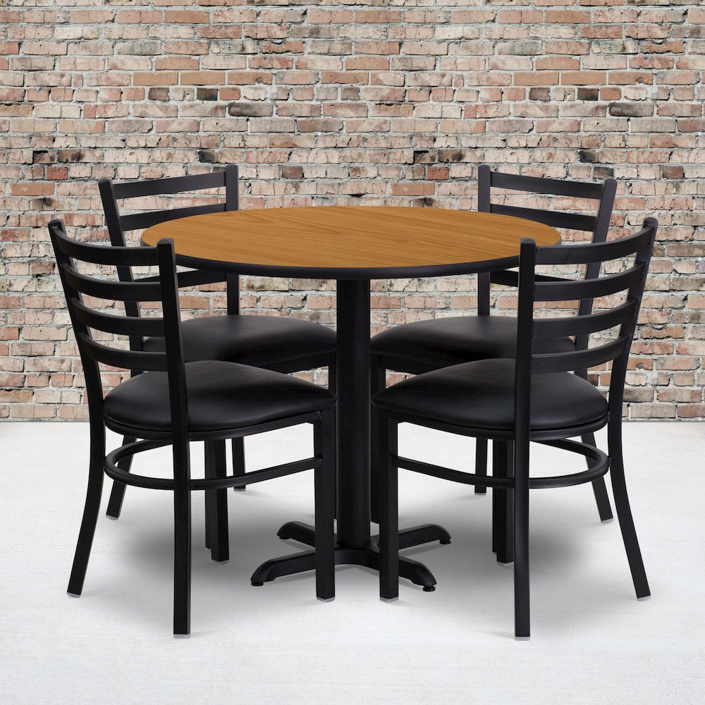 36” Natural Table Set with X-Base and 4 Metal Chairs – Black Vinyl Seat