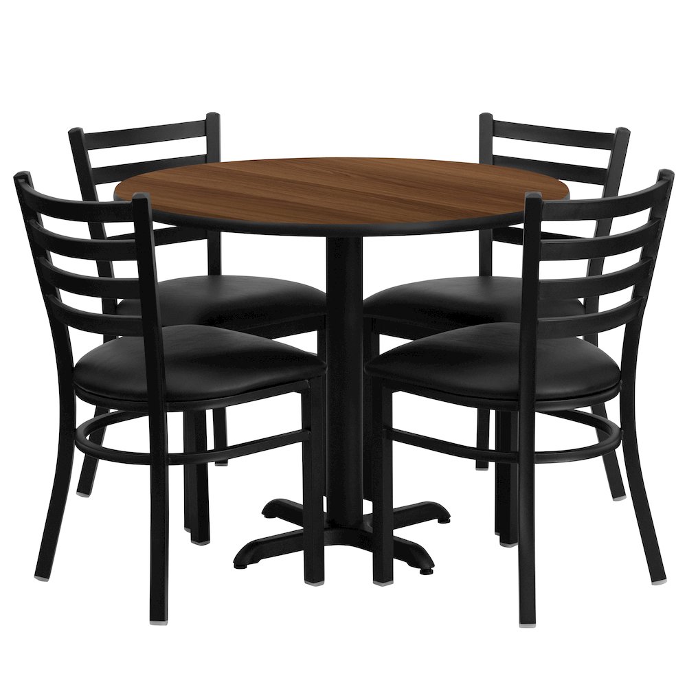 36” Walnut Table Set with X-Base and 4 Metal Chairs – Black Vinyl Seat