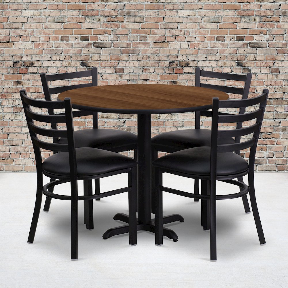 36” Walnut Table Set with X-Base and 4 Metal Chairs – Black Vinyl Seat