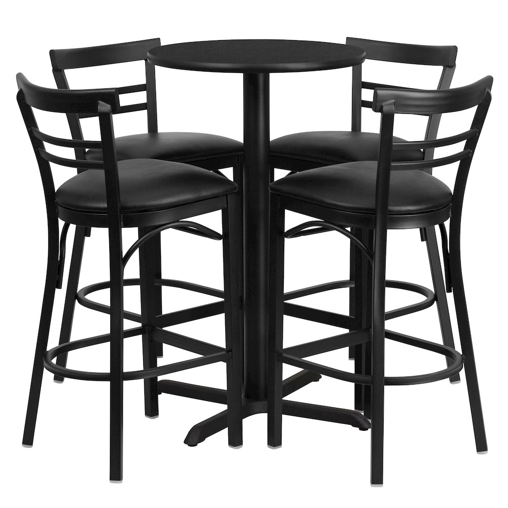 24” Black Table Set with X-4 Two-Slat Metal Barstools – Black Vinyl Seat