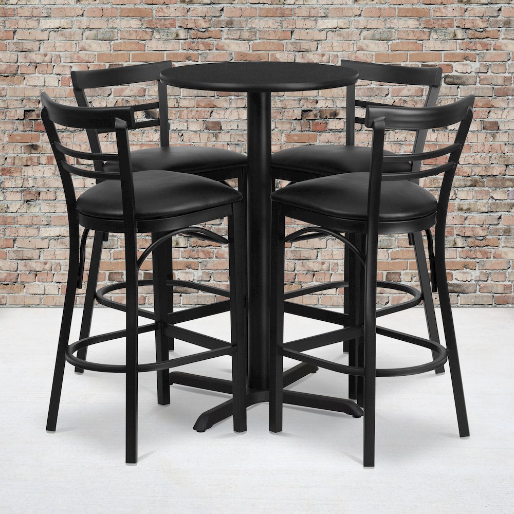 24” Black Table Set with X-4 Two-Slat Metal Barstools – Black Vinyl Seat