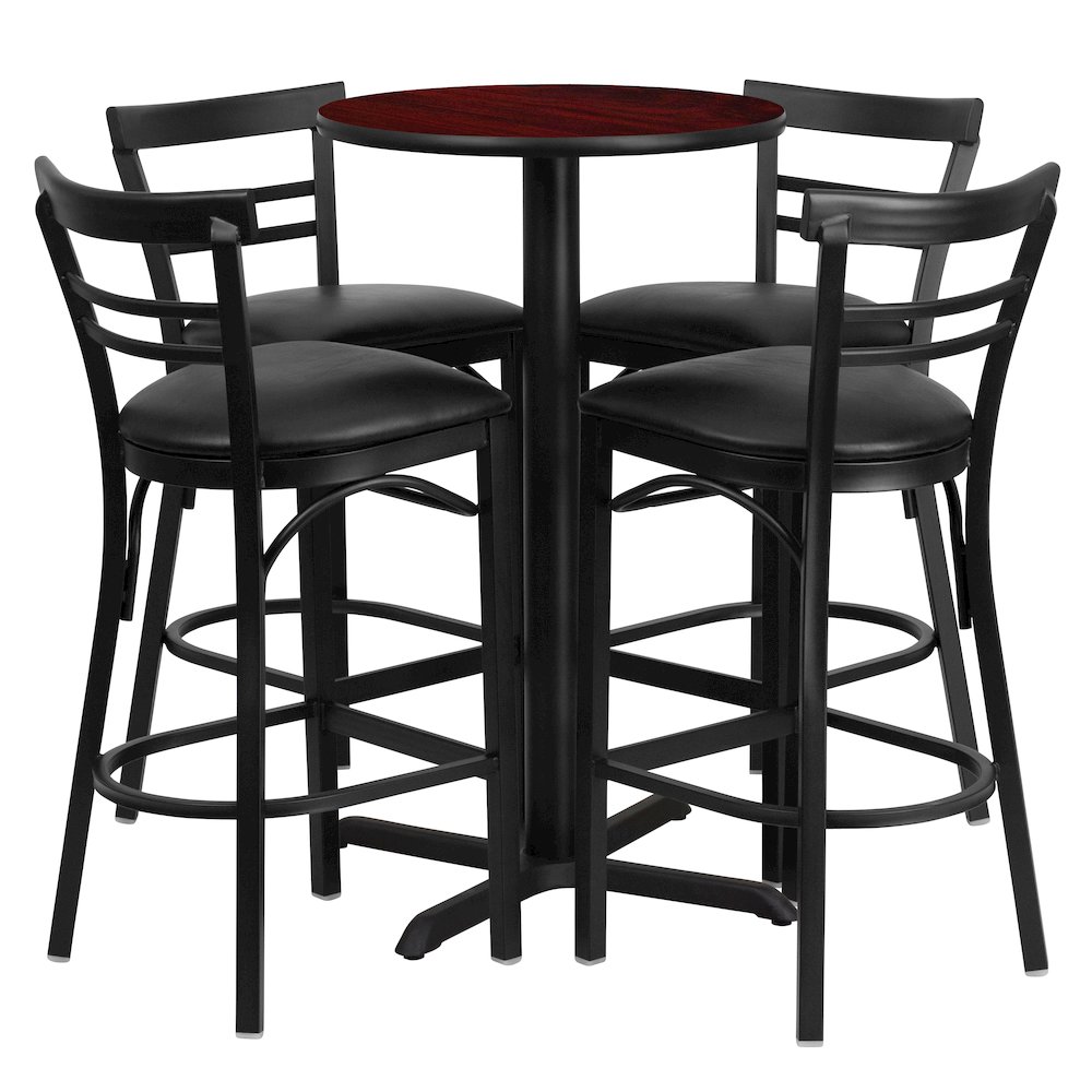 24” Mahogany Table Set with X-4 Two-Slat Metal Barstools – Black Vinyl Seat