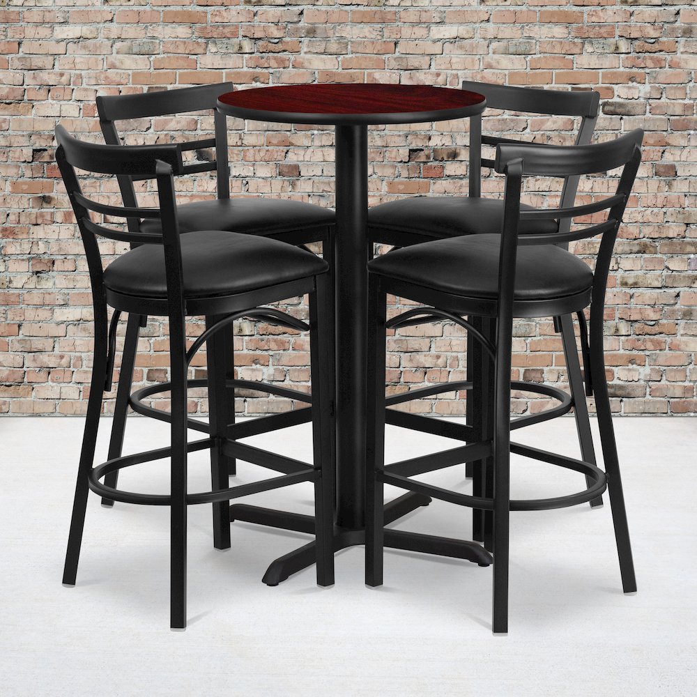24” Mahogany Table Set with X-4 Two-Slat Metal Barstools – Black Vinyl Seat